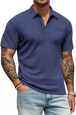 Knit Polo Shirts for Men Button Down Short Sleeve Shirt Men's Waffle Knitted T-Shirt Summer Golf Tee Shirt with Pocket