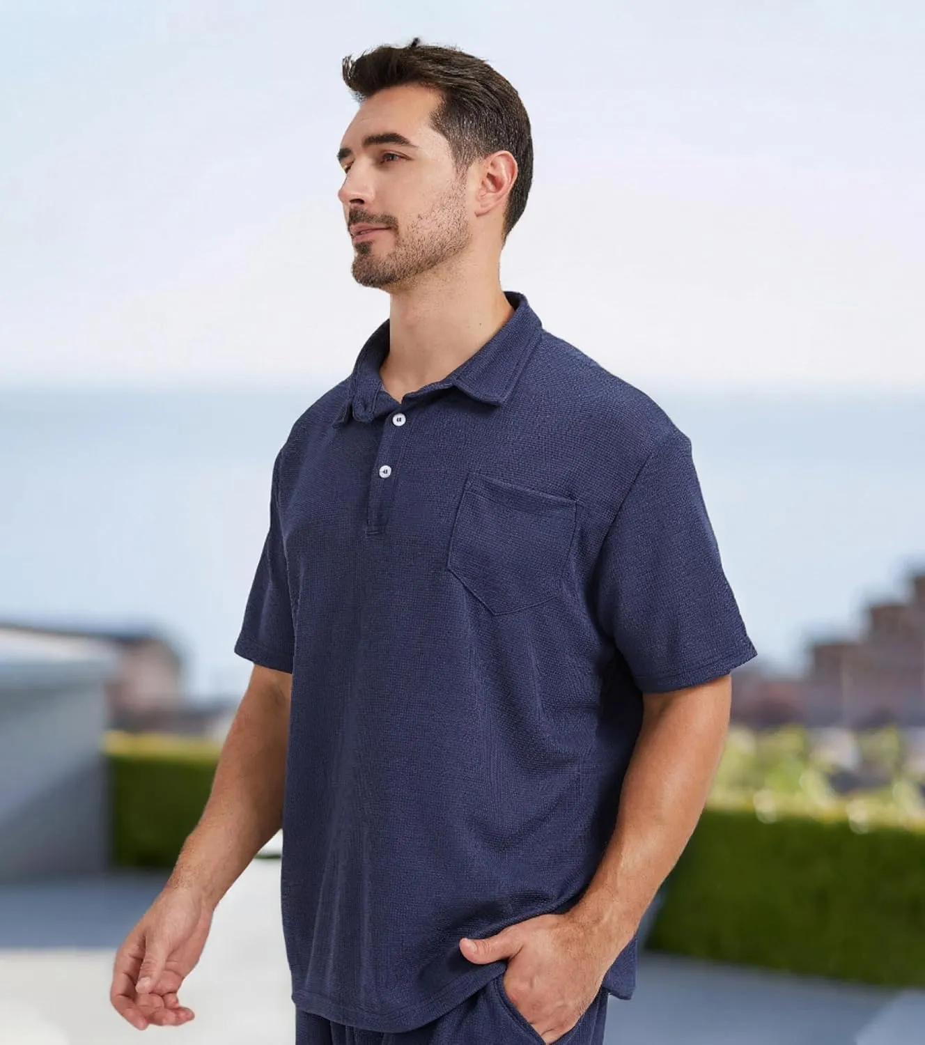 Knit Polo Shirts for Men Button Down Short Sleeve Shirt Men's Waffle Knitted T-Shirt Summer Golf Tee Shirt with Pocket