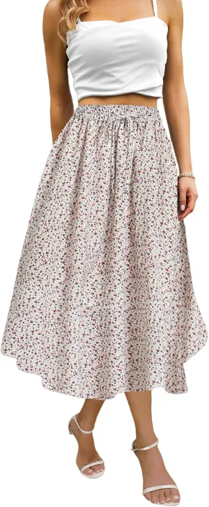 Maxi Skirts for Women with Pockets Long Midi Length Casual Skirt for Holiday White Floral