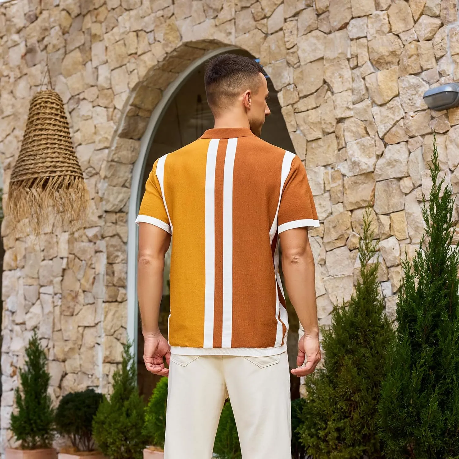 Men's Fashion Knit Polo Shirts Vintage Striped Knitting Shirts Ribbed Slim Fit Golf Shirts