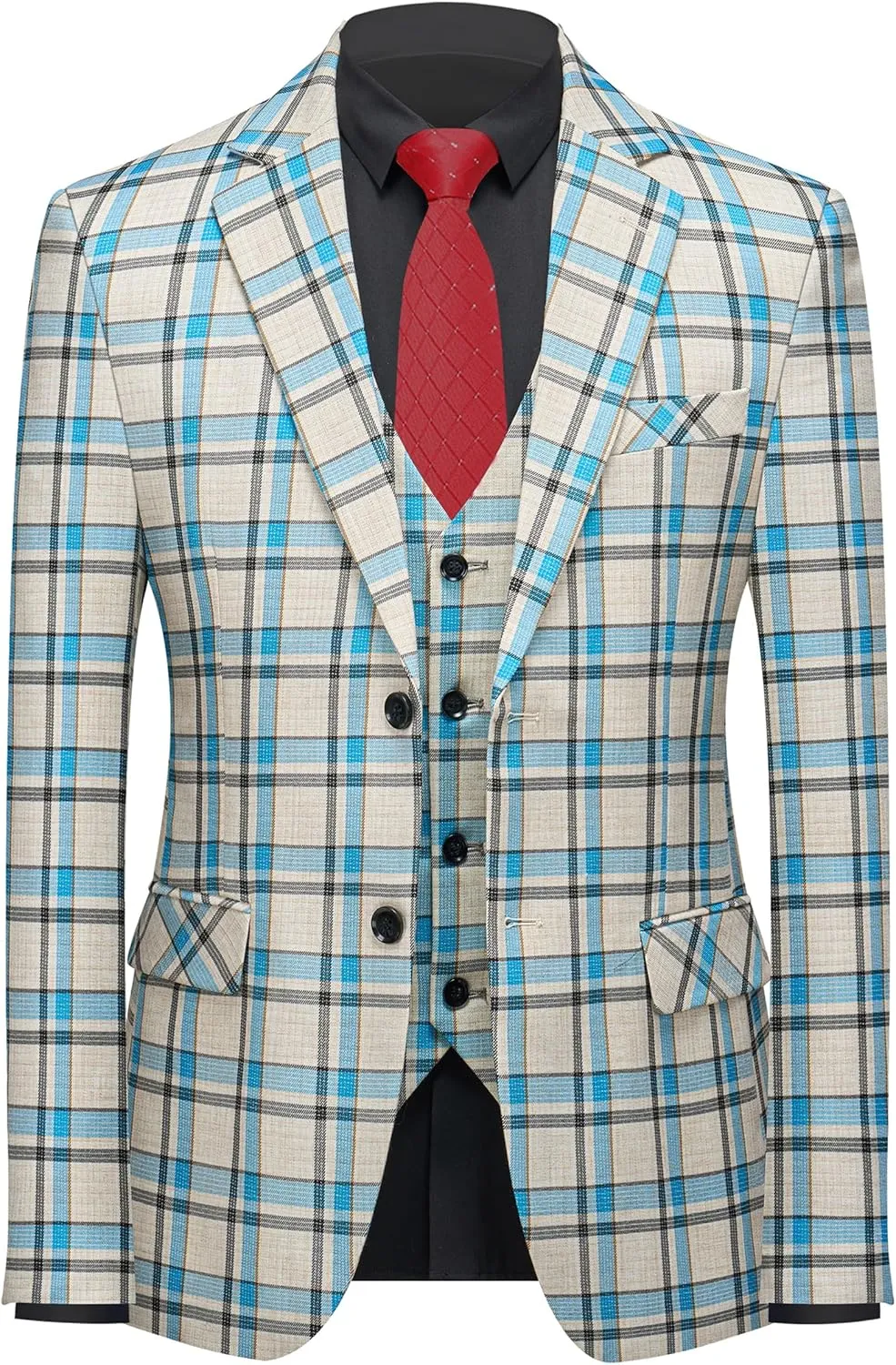 MOGU Mens 3-Piece Slim Fit Plaid Suit - Blazer, Vest, and Pants Set for Wedding Prom Casual