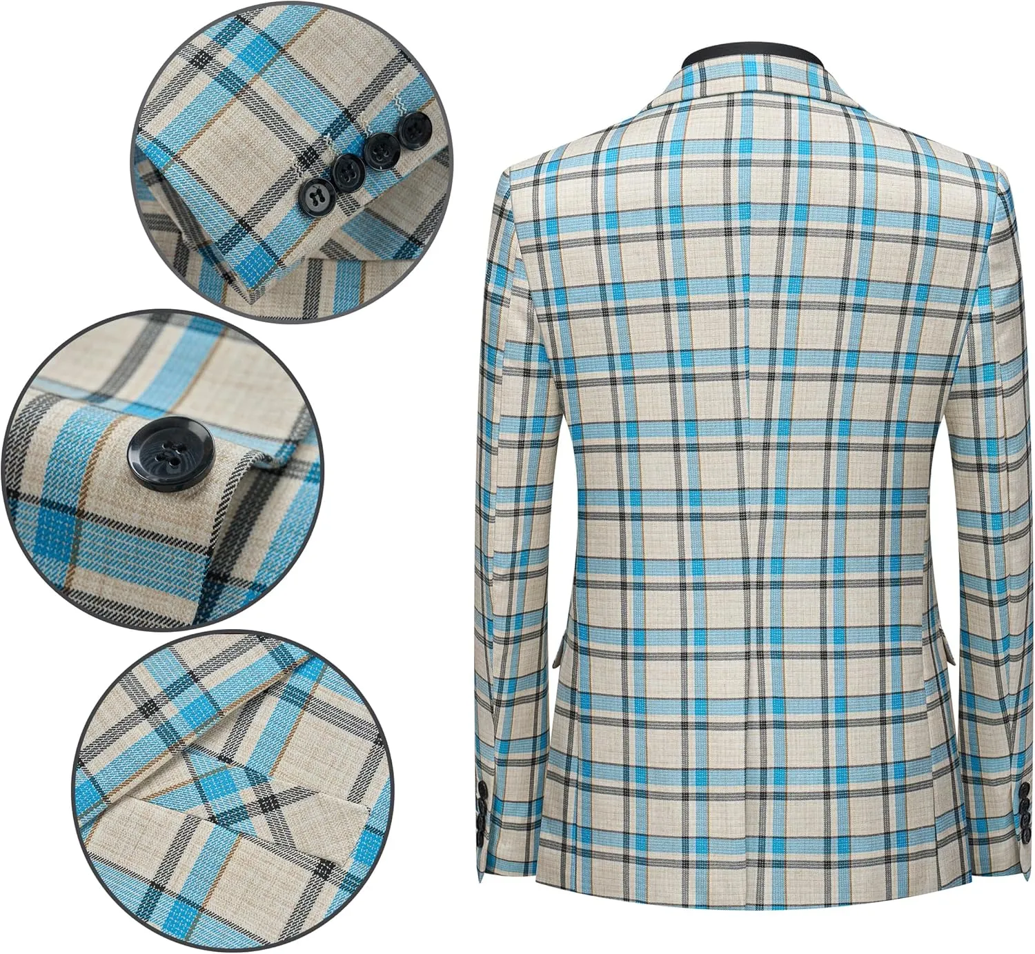 MOGU Mens 3-Piece Slim Fit Plaid Suit - Blazer, Vest, and Pants Set for Wedding Prom Casual