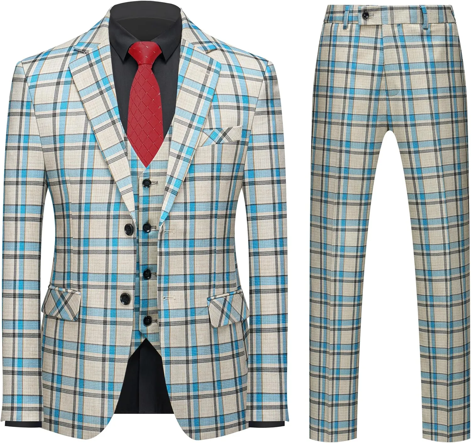 MOGU Mens 3-Piece Slim Fit Plaid Suit - Blazer, Vest, and Pants Set for Wedding Prom Casual