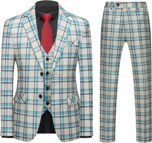 MOGU Mens 3-Piece Slim Fit Plaid Suit - Blazer, Vest, and Pants Set for Wedding Prom Casual