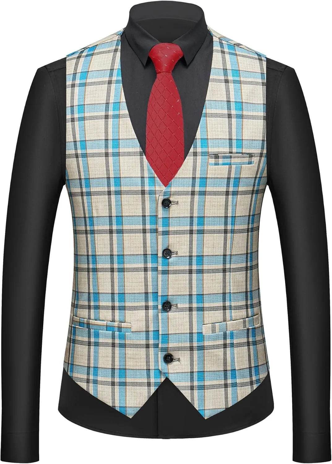 MOGU Mens 3-Piece Slim Fit Plaid Suit - Blazer, Vest, and Pants Set for Wedding Prom Casual