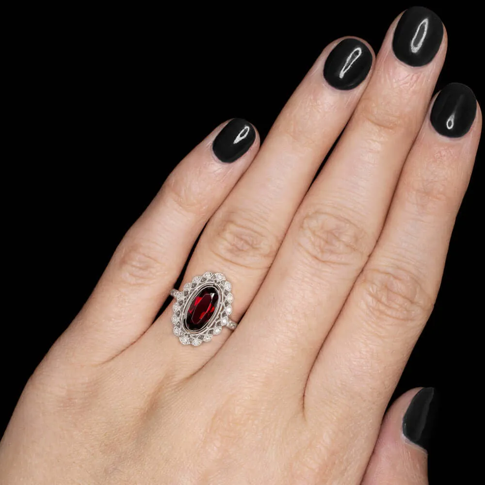 MOVAL RED GARNET DIAMOND RING VINTAGE STYLE MARQUISE HALO FILIGREE WHITE GOLD