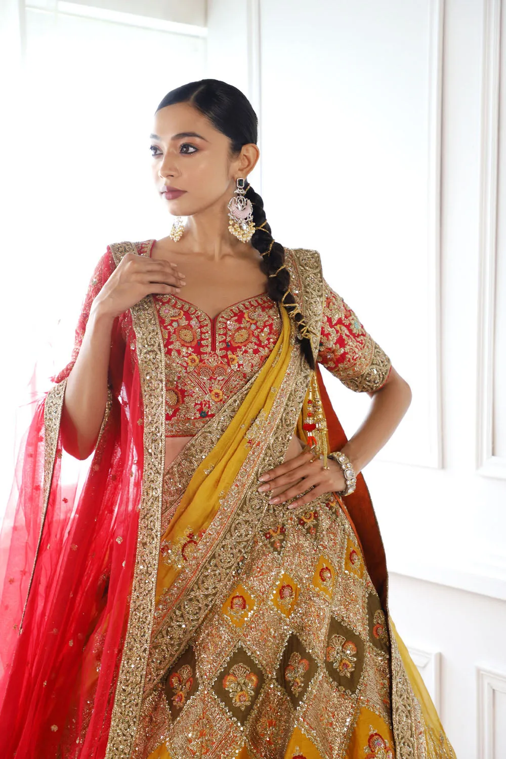 Multicolour Raw Silk lehenga With mirror and applique Work