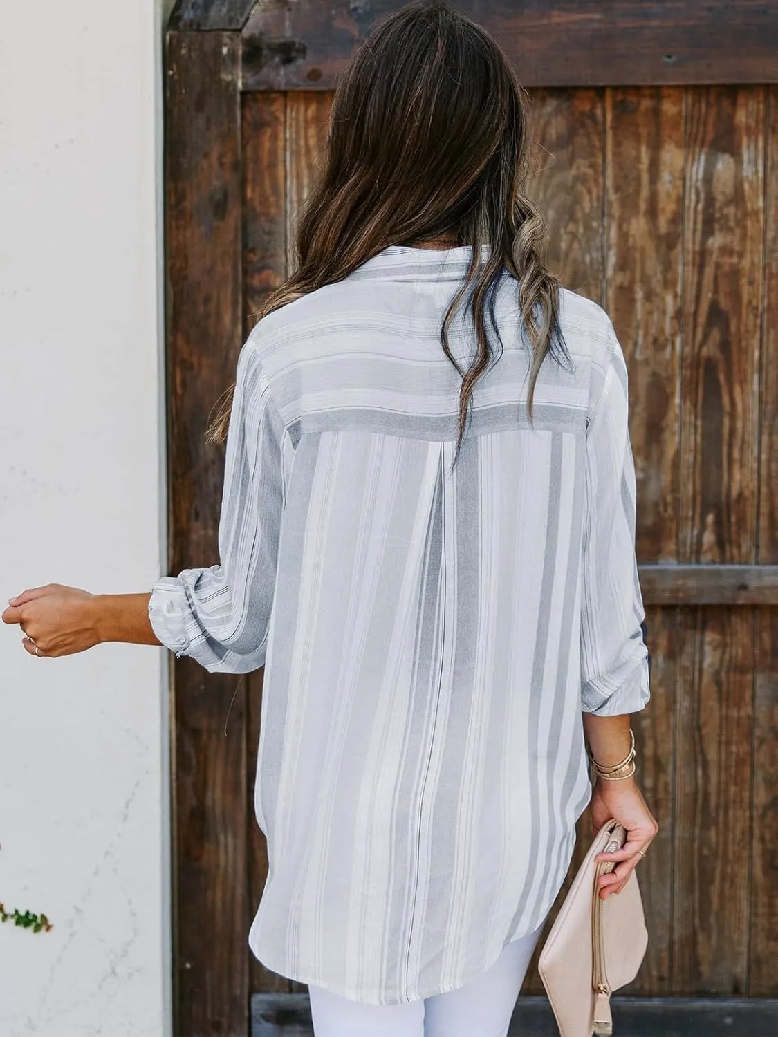 Mutitop Womens Button Down Shirts Striped Dress Shirts Long Sleeve Textured Blouse Collared Work Office Top Casual Tunic