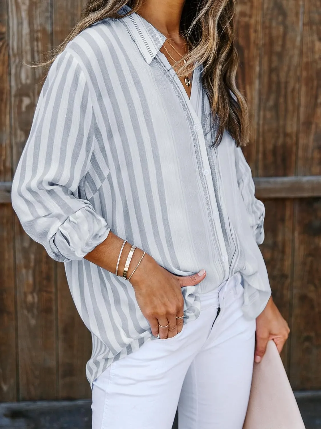 Mutitop Womens Button Down Shirts Striped Dress Shirts Long Sleeve Textured Blouse Collared Work Office Top Casual Tunic