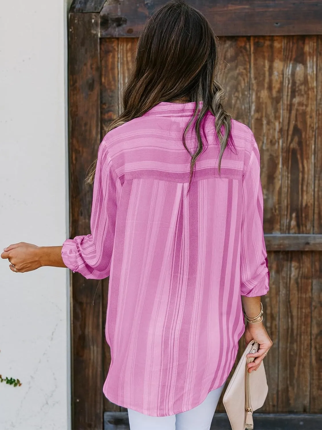 Mutitop Womens Button Down Shirts Striped Dress Shirts Long Sleeve Textured Blouse Collared Work Office Top Casual Tunic