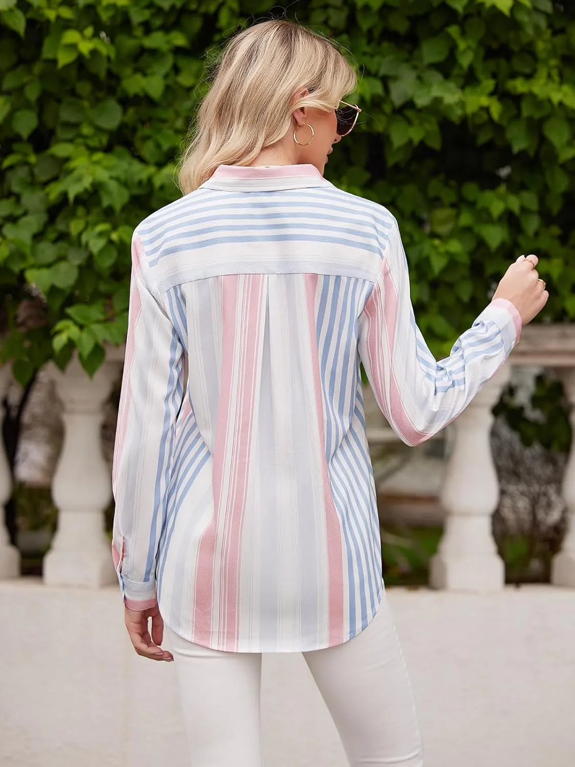Mutitop Womens Button Down Shirts Striped Dress Shirts Long Sleeve Textured Blouse Collared Work Office Top Casual Tunic