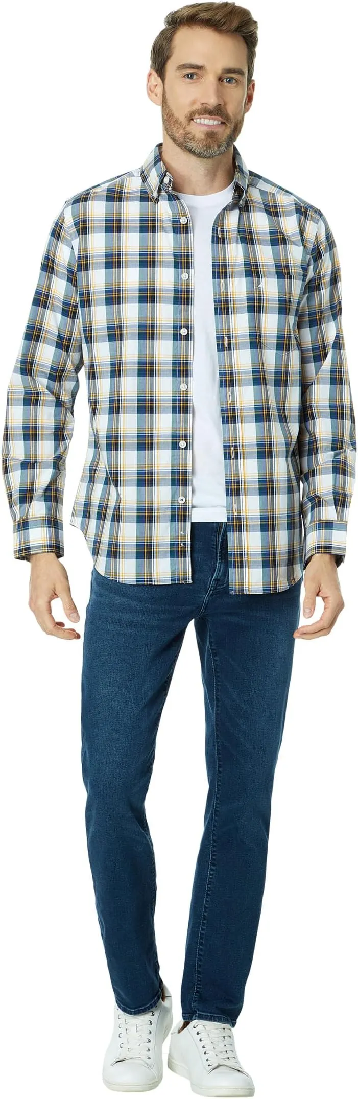 Nautica Wrinkle Resistant Checked Work Shirt, Bright White