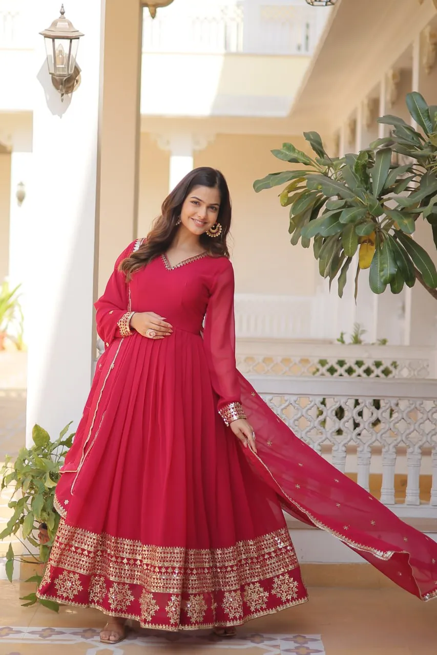 Pink Sparkling Faux Blooming Gown with Embroidered Sequins & Designer Lace Dupatta