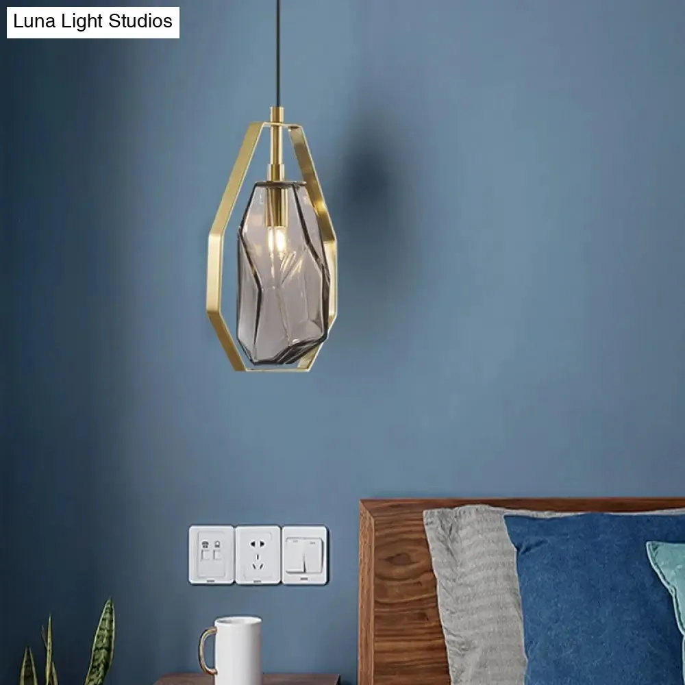 Postmodernist 1-Light Brass Pendant Lamp with Amber/Smoke Grey Glass and Heptagon Frame