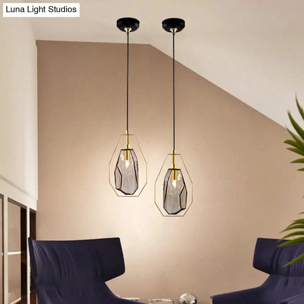 Postmodernist 1-Light Brass Pendant Lamp with Amber/Smoke Grey Glass and Heptagon Frame