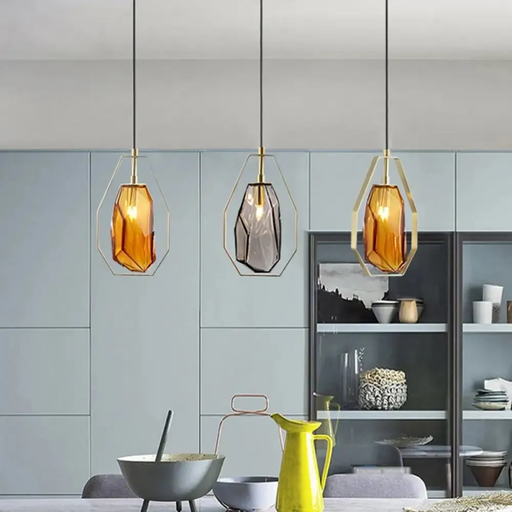 Postmodernist 1-Light Brass Pendant Lamp with Amber/Smoke Grey Glass and Heptagon Frame