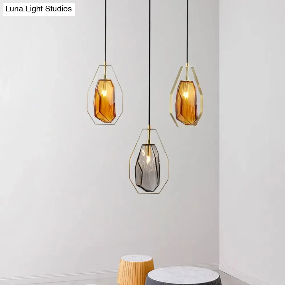 Postmodernist 1-Light Brass Pendant Lamp with Amber/Smoke Grey Glass and Heptagon Frame