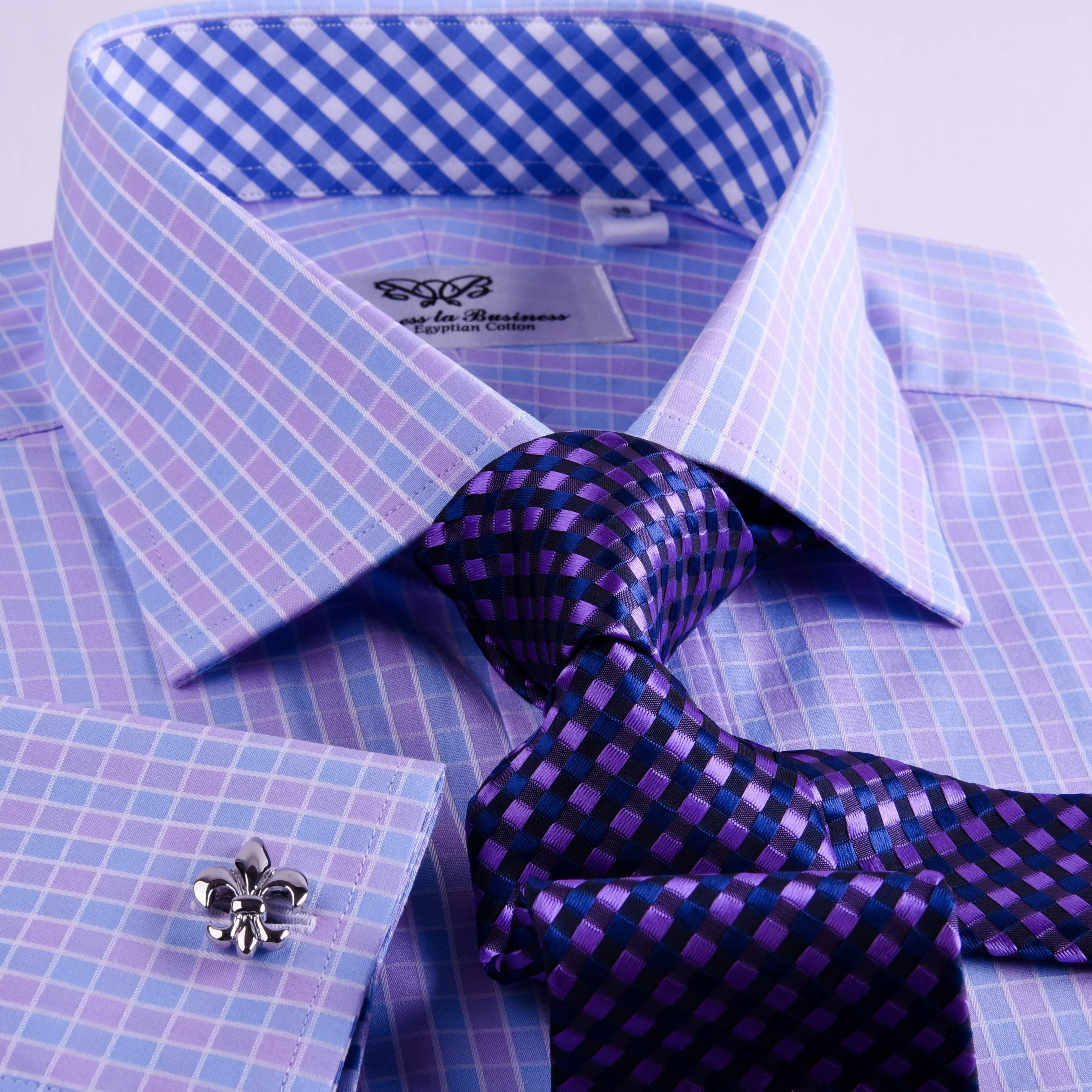 Purple Blue Designer Checkered Formal Business Dress Shirt With Matching TIe (Copy)