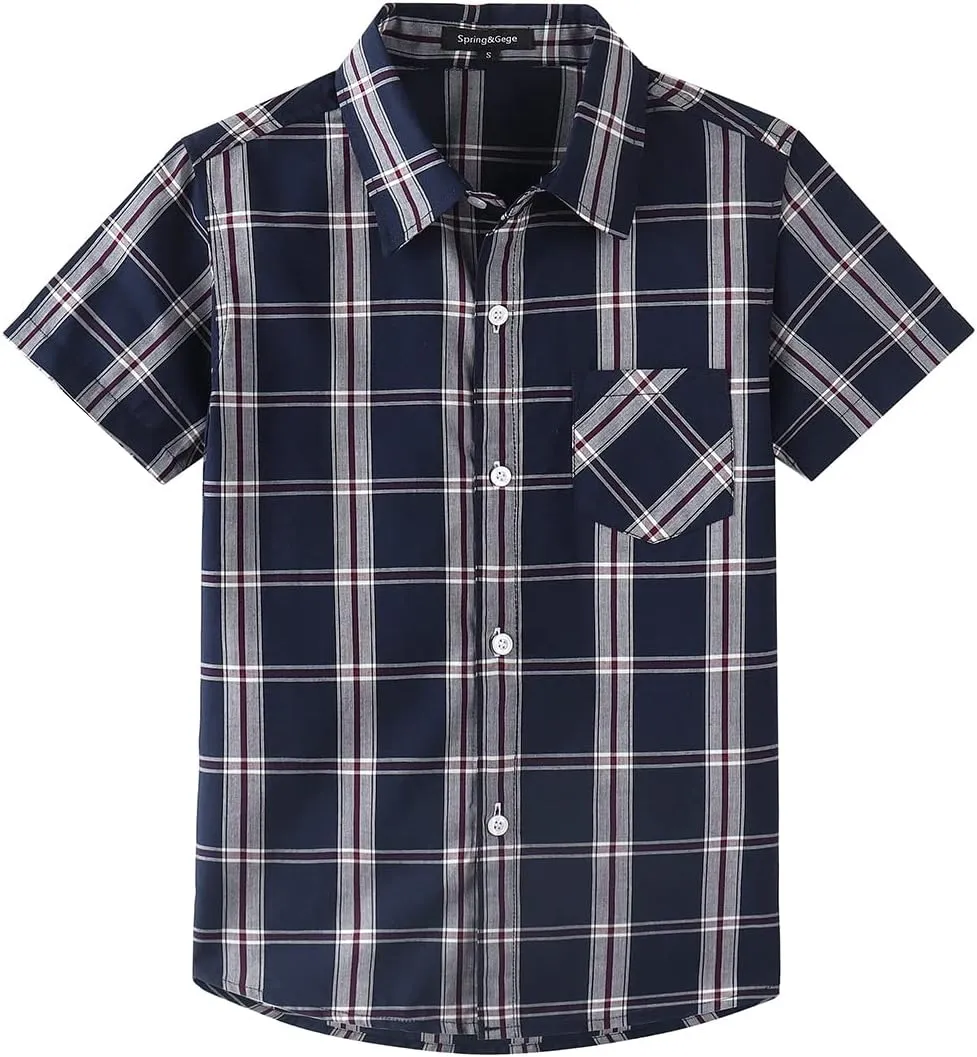 Spring&Gege Boys Plaid Short Sleeve Shirt Casual Button Down Checked with Chest Pocket (5-14 Years)