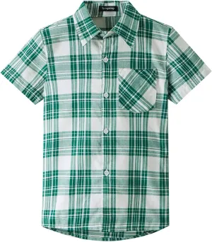 Spring&Gege Boys Plaid Short Sleeve Shirt Casual Button Down Checked with Chest Pocket (5-14 Years)