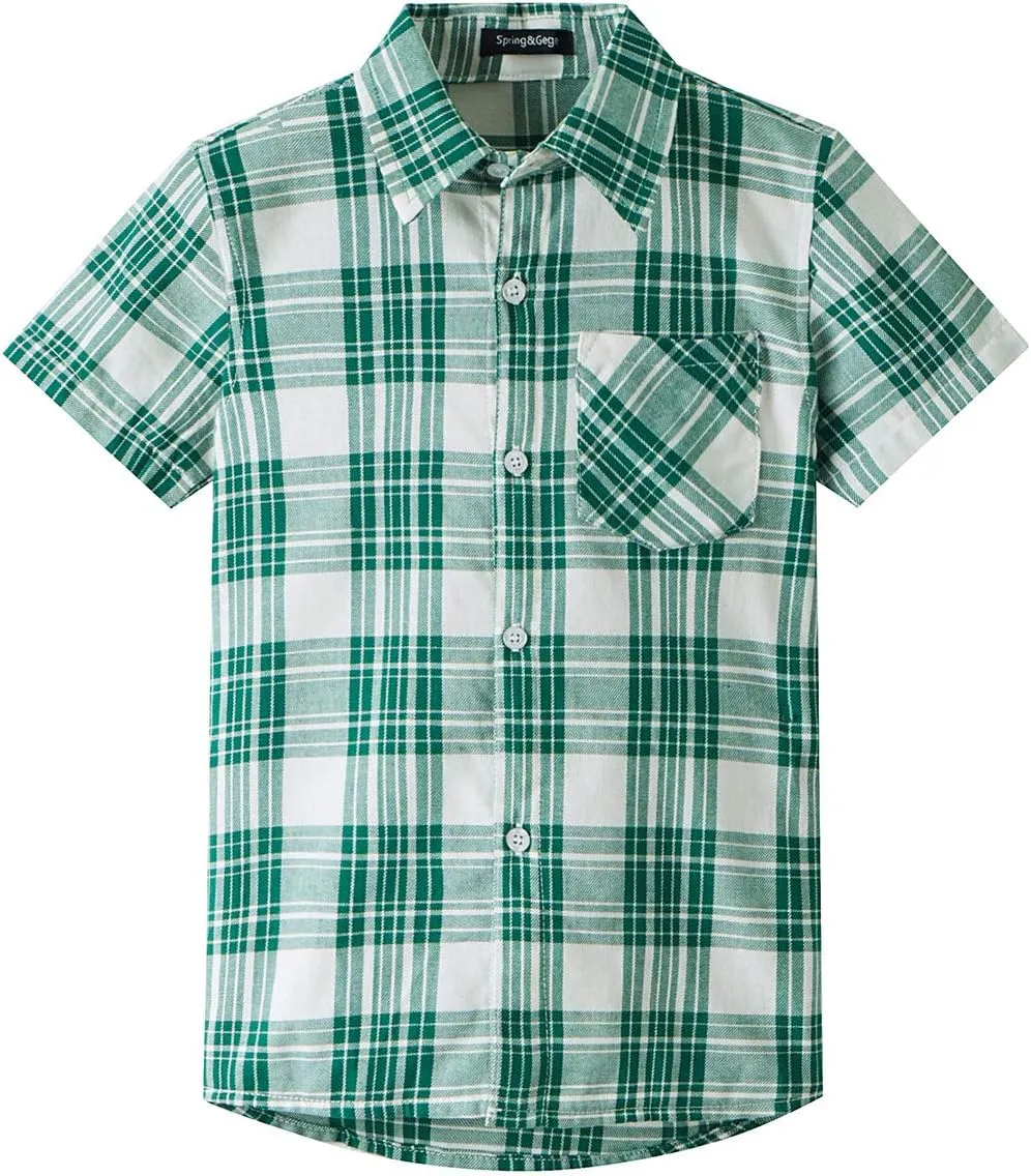 Spring&Gege Boys Plaid Short Sleeve Shirt Casual Button Down Checked with Chest Pocket (5-14 Years)