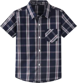 Spring&Gege Boys Plaid Short Sleeve Shirt Casual Button Down Checked with Chest Pocket (5-14 Years)