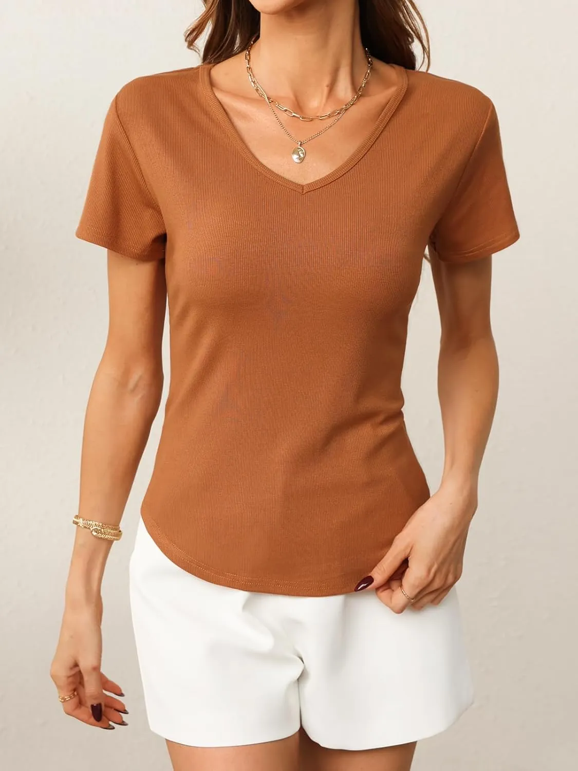 Summer V Neck T Shirts for Women Going Out Tops Casual Short Sleeve Ribbed Trendy Tops 2 Pack
