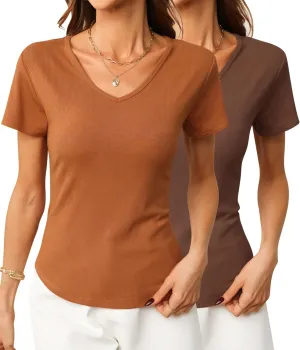 Summer V Neck T Shirts for Women Going Out Tops Casual Short Sleeve Ribbed Trendy Tops 2 Pack