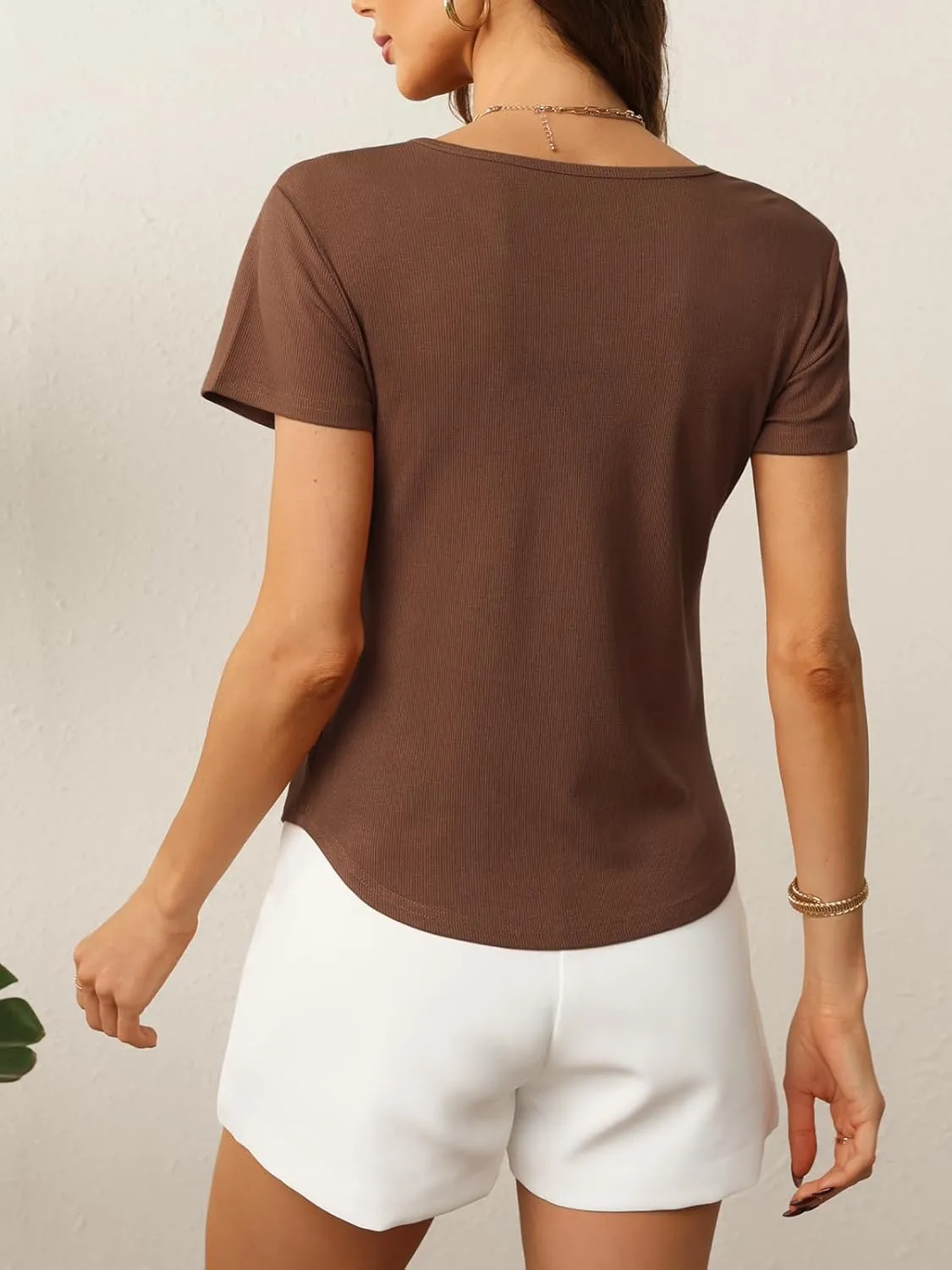 Summer V Neck T Shirts for Women Going Out Tops Casual Short Sleeve Ribbed Trendy Tops 2 Pack