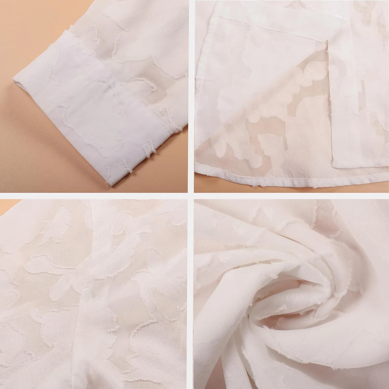 Sunshine swing Women's White Elegant Sexy See Through Blouse Shirt Long Sleeve Jacquard Turn-Down Button Down Shirt Top