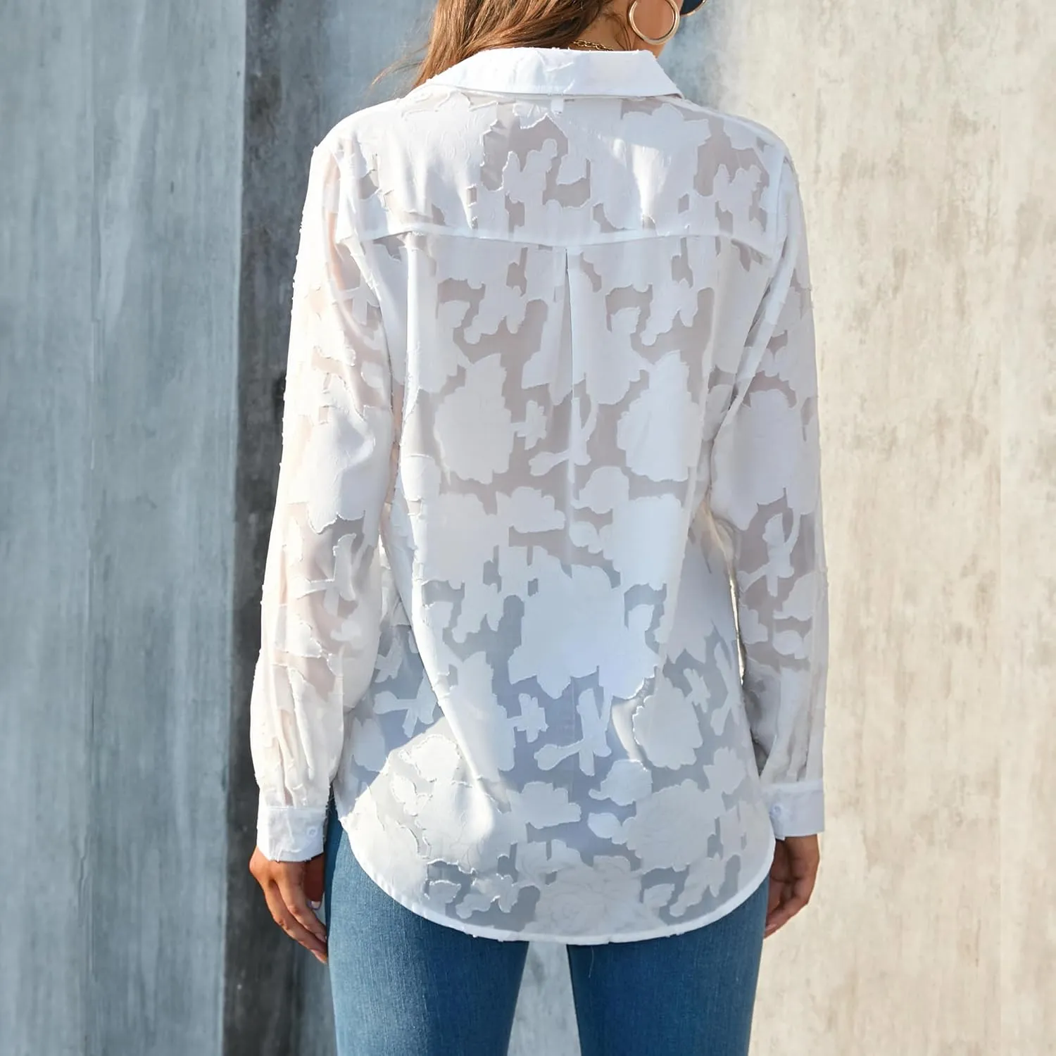 Sunshine swing Women's White Elegant Sexy See Through Blouse Shirt Long Sleeve Jacquard Turn-Down Button Down Shirt Top