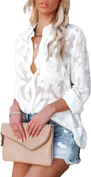 Sunshine swing Women's White Elegant Sexy See Through Blouse Shirt Long Sleeve Jacquard Turn-Down Button Down Shirt Top