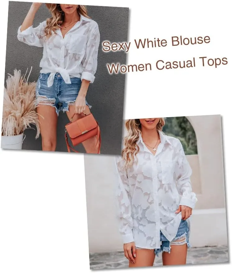 Sunshine swing Women's White Elegant Sexy See Through Blouse Shirt Long Sleeve Jacquard Turn-Down Button Down Shirt Top