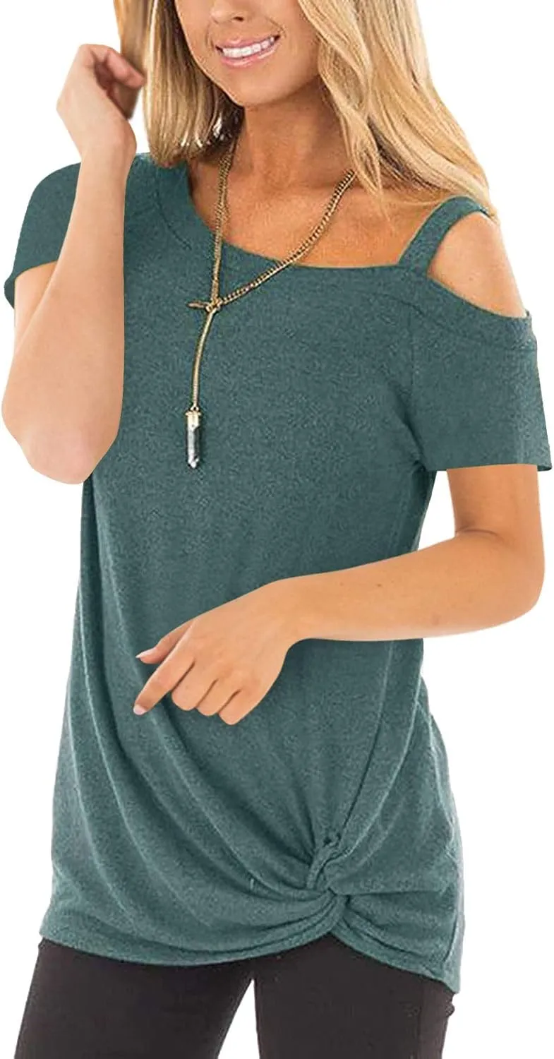 TEMOFON Women Cold Shoulder Tops: Summer Short Sleeve Shirts Casual Twist Knot Blouse T-Shirt S-2XL