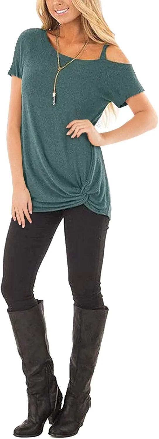 TEMOFON Women Cold Shoulder Tops: Summer Short Sleeve Shirts Casual Twist Knot Blouse T-Shirt S-2XL
