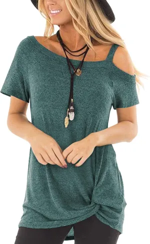 TEMOFON Women Cold Shoulder Tops: Summer Short Sleeve Shirts Casual Twist Knot Blouse T-Shirt S-2XL