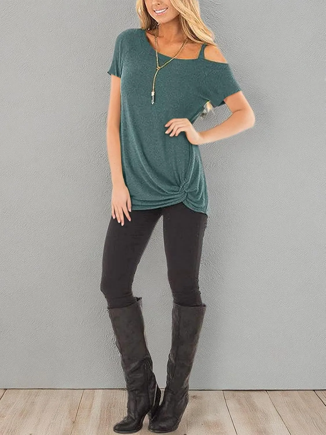 TEMOFON Women Cold Shoulder Tops: Summer Short Sleeve Shirts Casual Twist Knot Blouse T-Shirt S-2XL