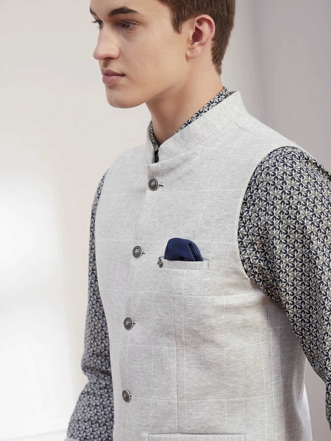 Terry Rayon Grey Checkered Slim Fit Sleeve Less Ceremonial Nehru Jacket