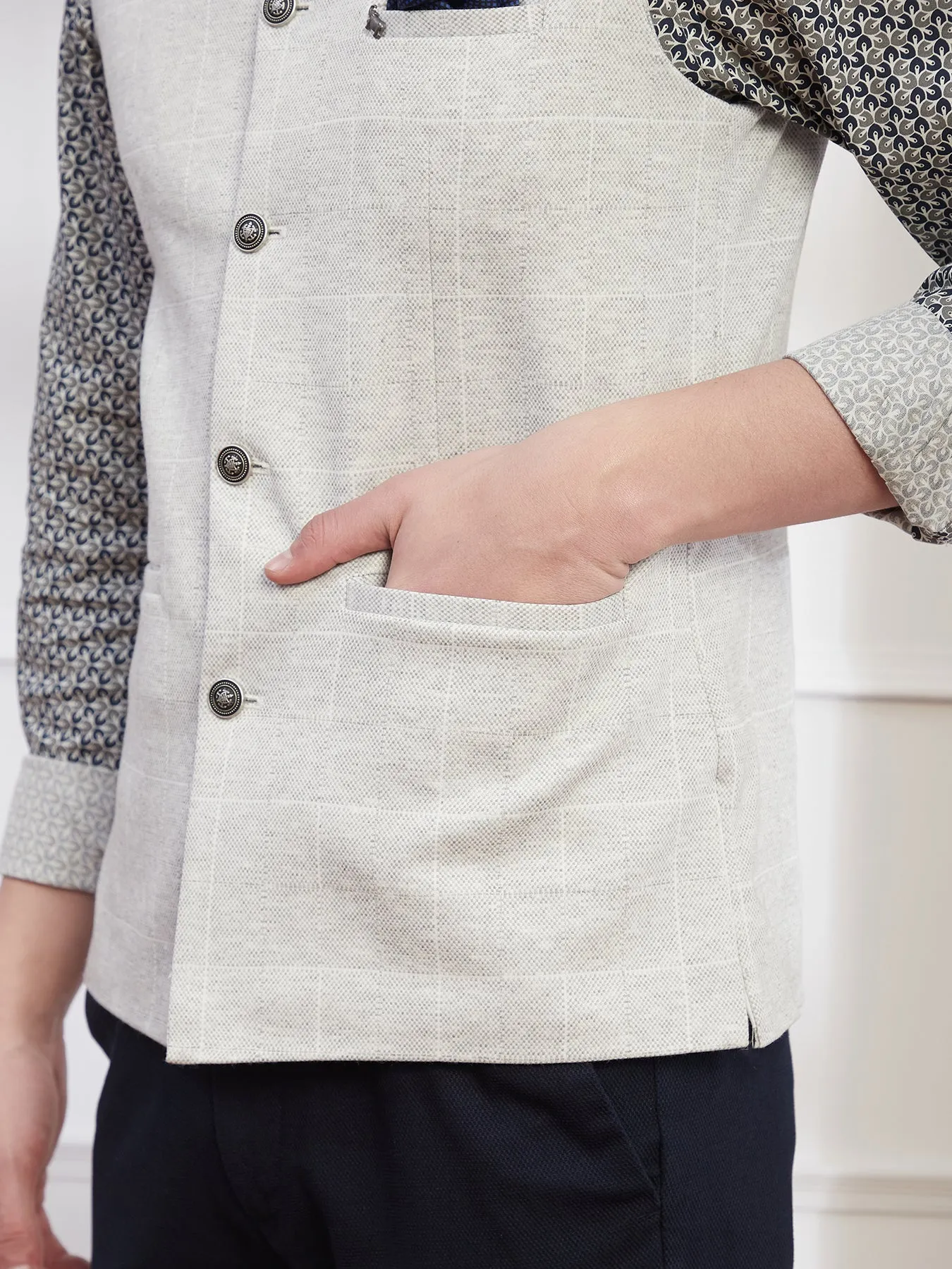Terry Rayon Grey Checkered Slim Fit Sleeve Less Ceremonial Nehru Jacket