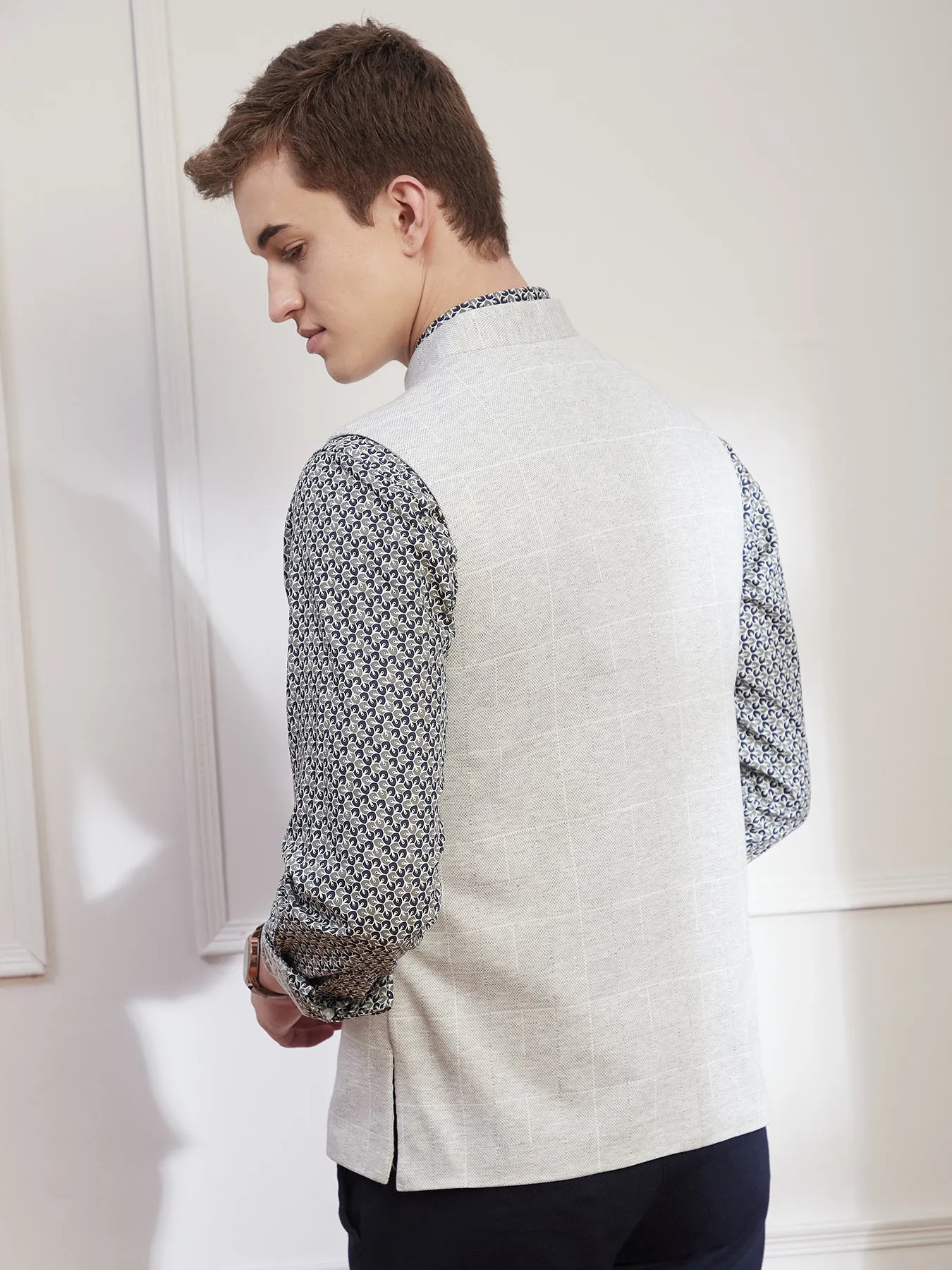 Terry Rayon Grey Checkered Slim Fit Sleeve Less Ceremonial Nehru Jacket