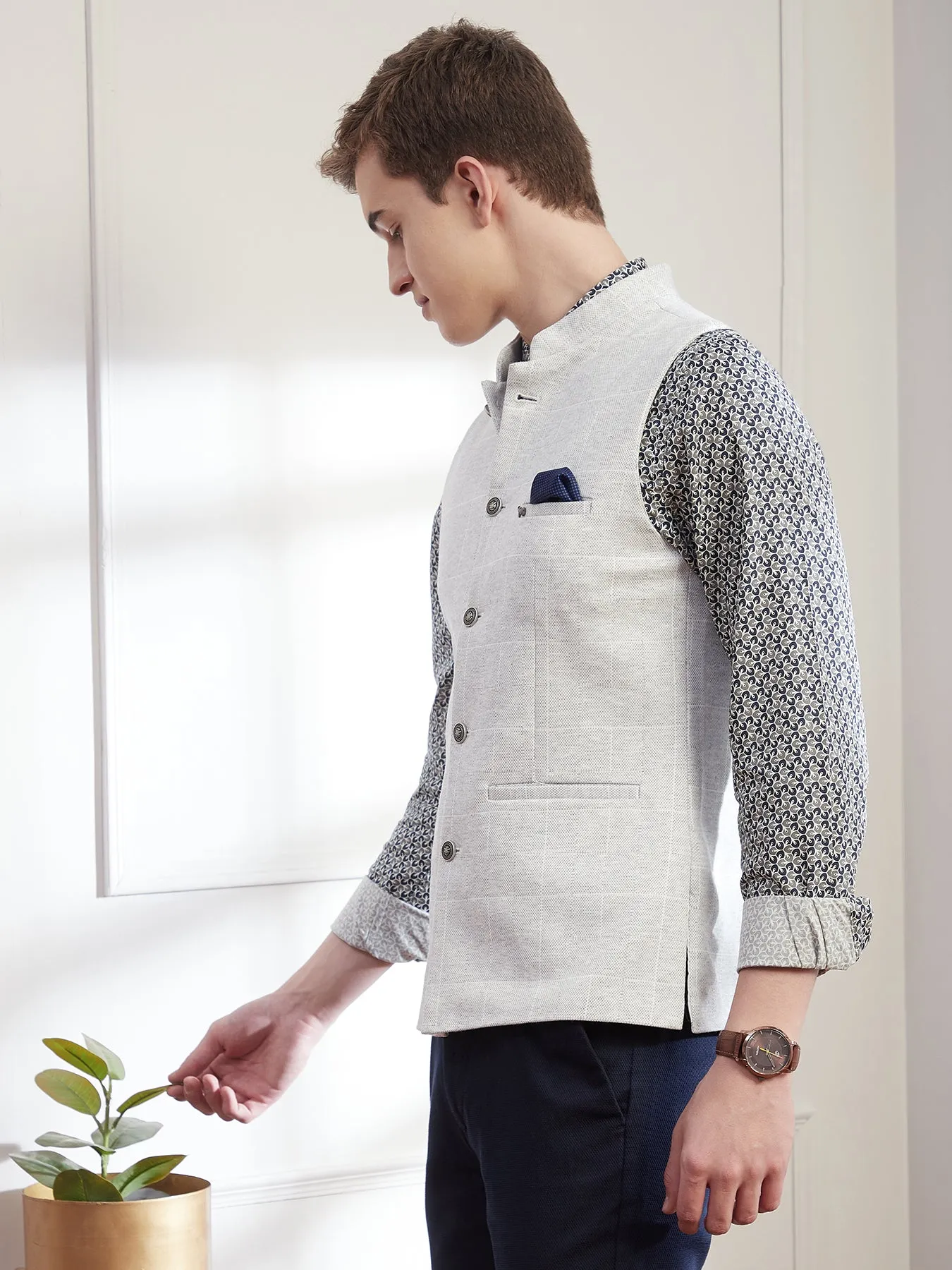 Terry Rayon Grey Checkered Slim Fit Sleeve Less Ceremonial Nehru Jacket