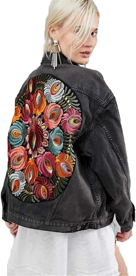 Vintage Floral Embroidery Denim Jacket Women Denim Coat Streetwear Outwear