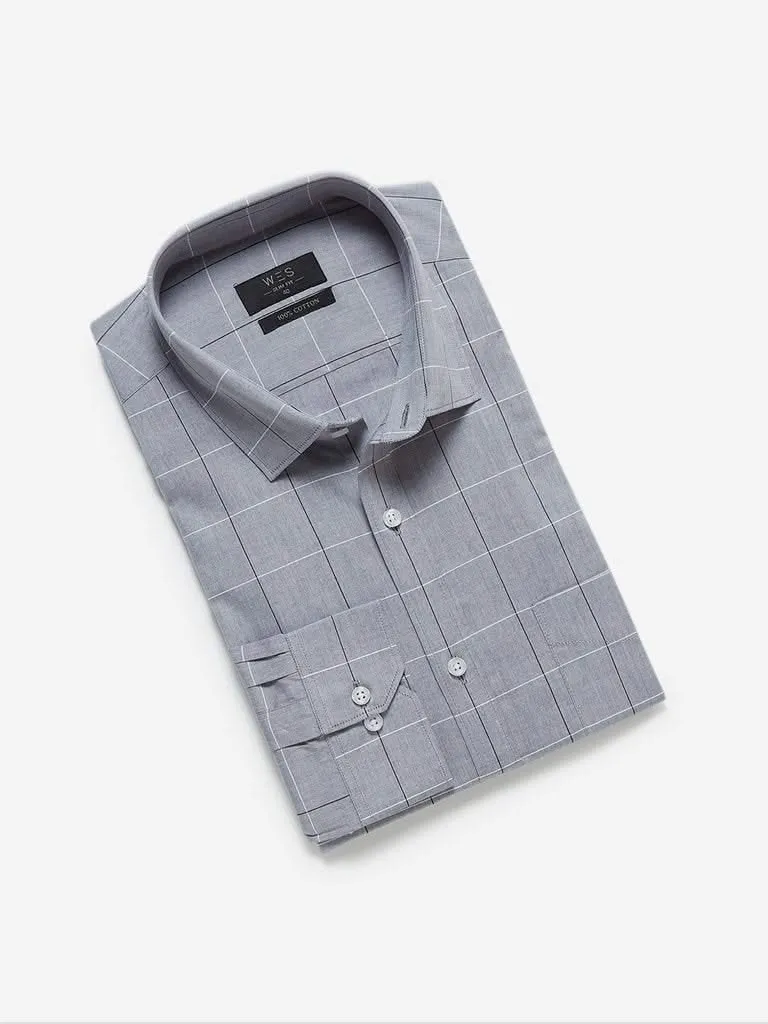 WES Formals Grey Checkered Slim Fit Shirt