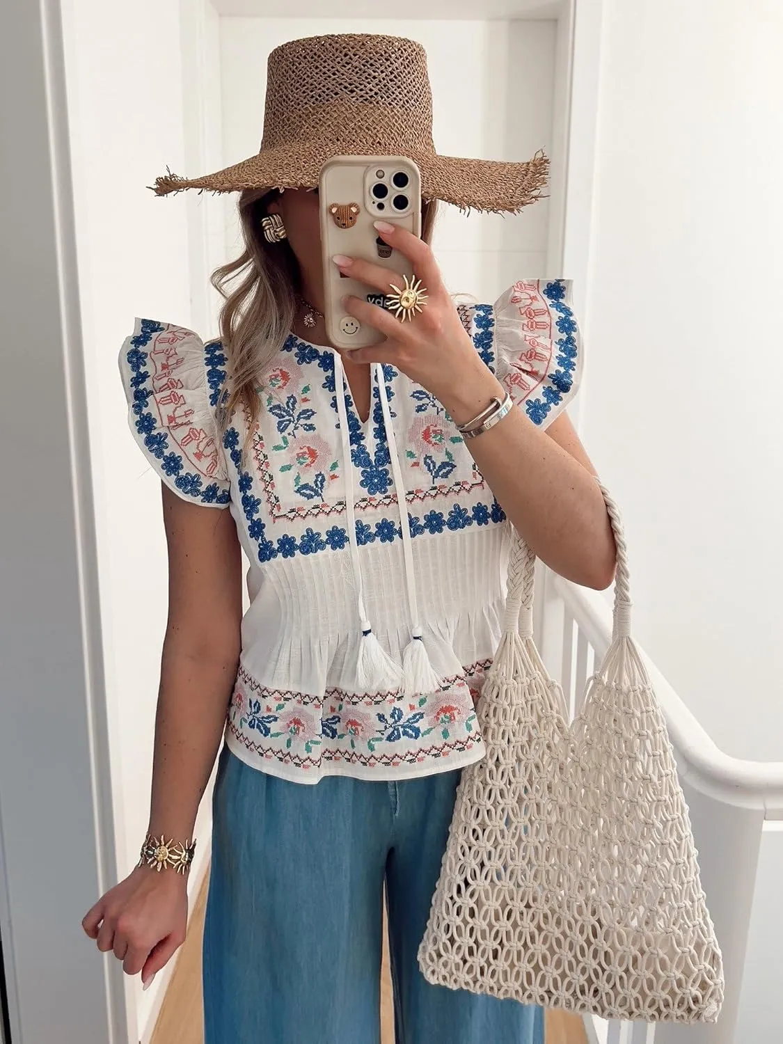 Women Boho Floral Blouse Ruffle Flutter Sleeve V Neck Patchwork Peplum Babydoll Shirt Summer Y2K Going Out Tops