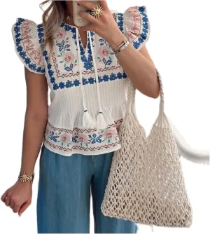 Women Boho Floral Blouse Ruffle Flutter Sleeve V Neck Patchwork Peplum Babydoll Shirt Summer Y2K Going Out Tops