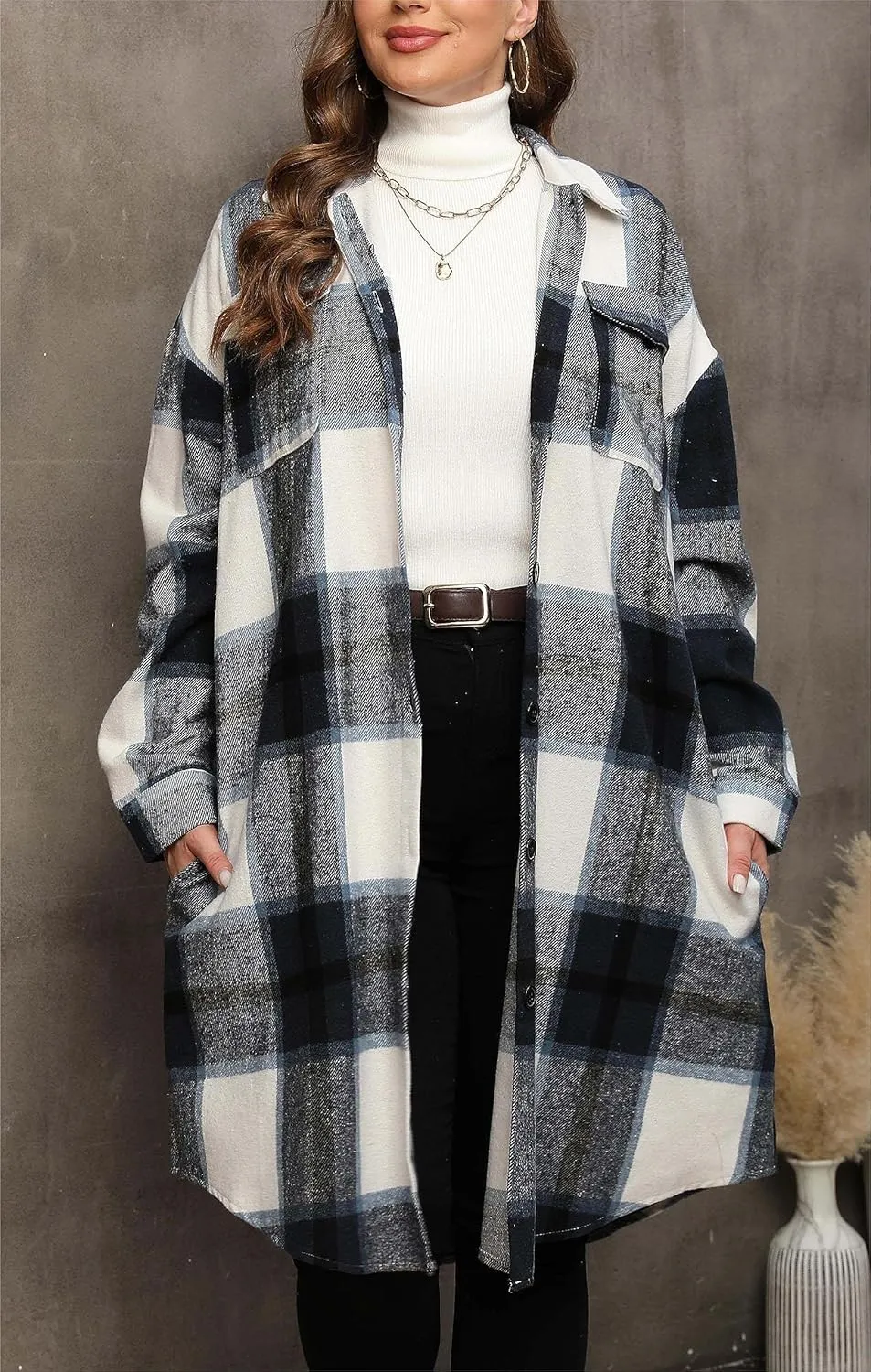 Women's 2025 Plus Size Plaid Flannel Shacket Loose Fit Long Shirts Jacket Tartan Boyfriend Oversized Coat