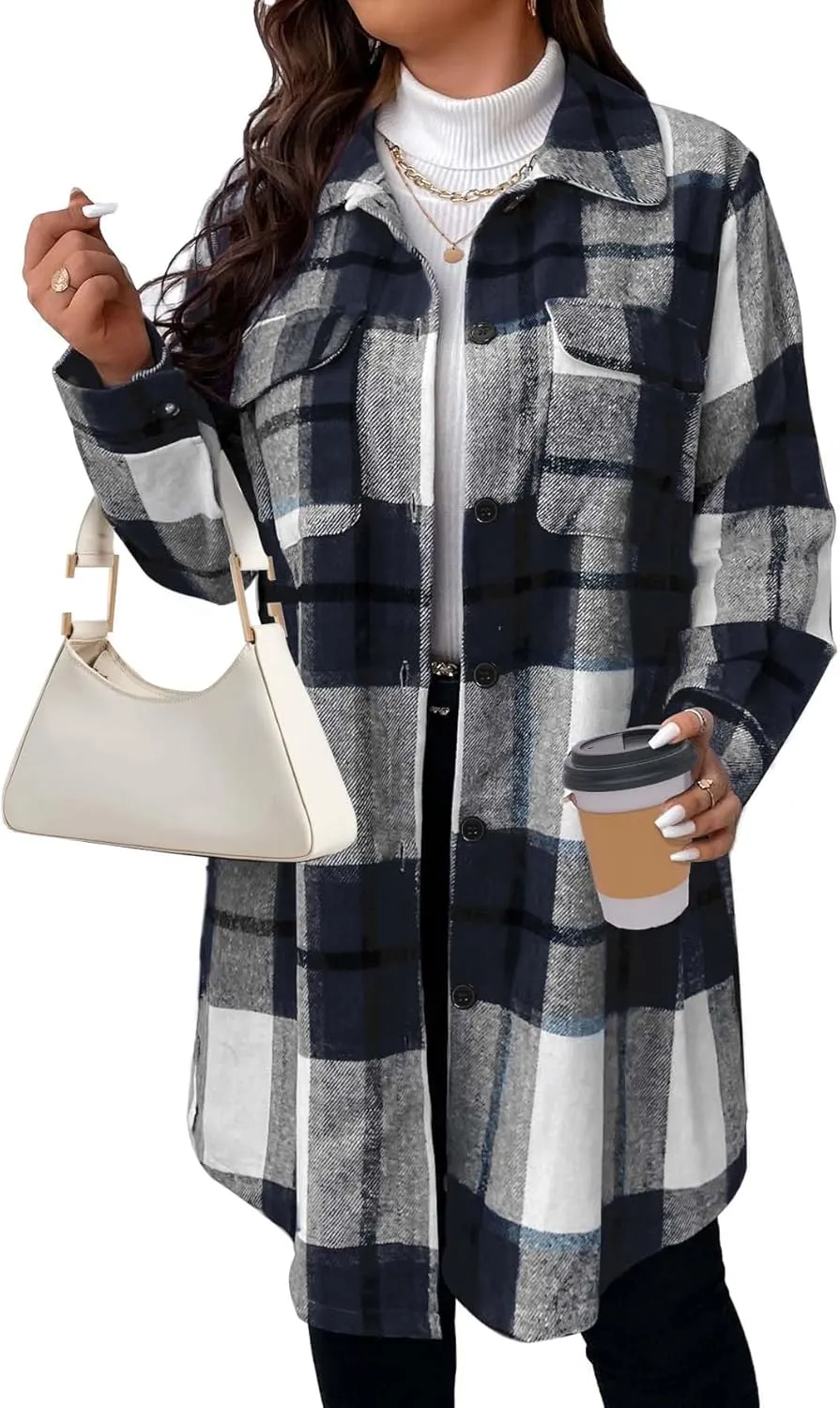 Women's 2025 Plus Size Plaid Flannel Shacket Loose Fit Long Shirts Jacket Tartan Boyfriend Oversized Coat