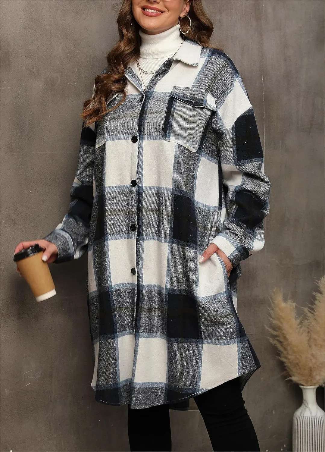 Women's 2025 Plus Size Plaid Flannel Shacket Loose Fit Long Shirts Jacket Tartan Boyfriend Oversized Coat