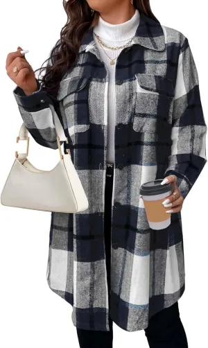 Women's 2025 Plus Size Plaid Flannel Shacket Loose Fit Long Shirts Jacket Tartan Boyfriend Oversized Coat
