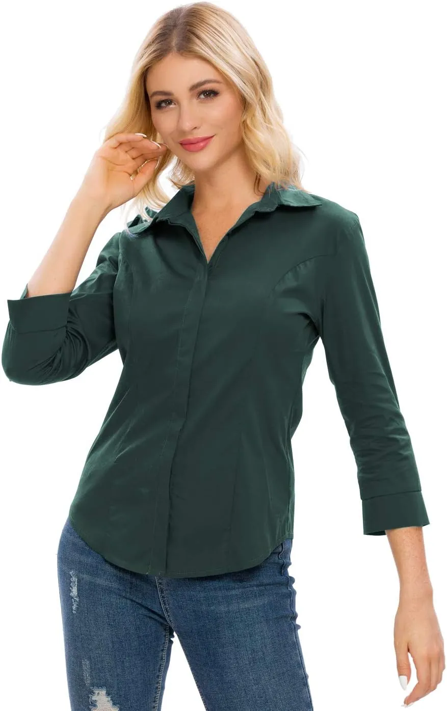 Womens Button Down Shirts Official Formal 3/4 Sleeve White Stretch Blouse Summer Dress Shirt